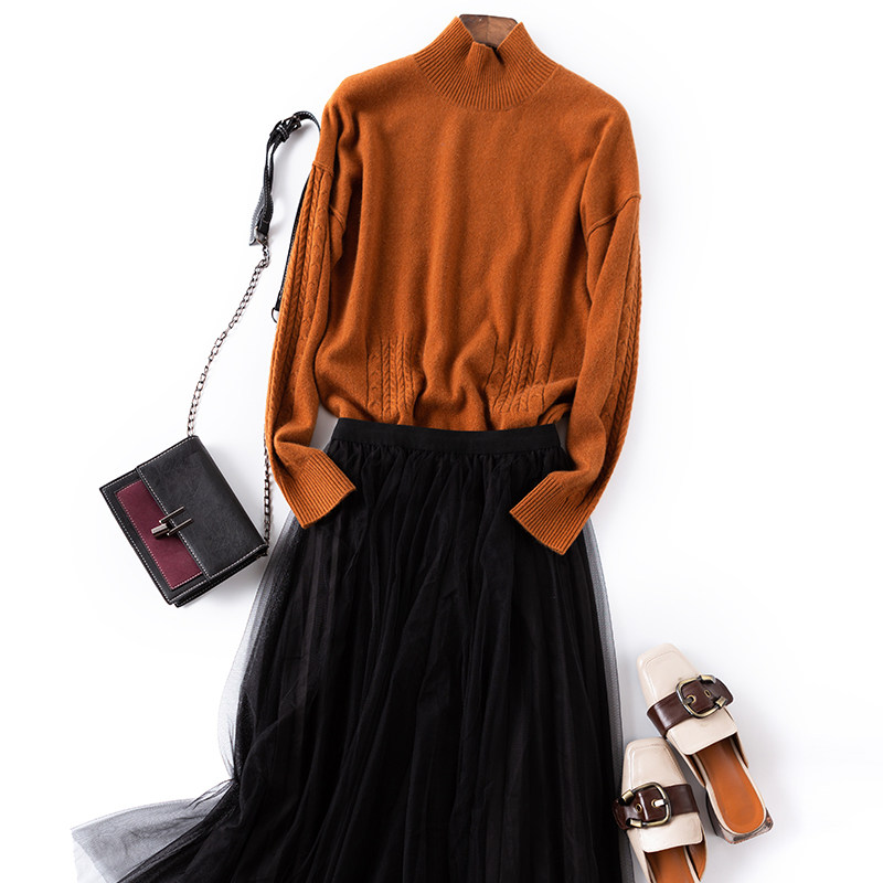 冬季新款女装减龄气质时尚山羊绒毛衣半高领纽绳绞花焦糖套头修身