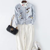 新款 圆领女士长袖 灰色高腰短款 2024春秋冬季 羊绒小开衫 纯手工绣花