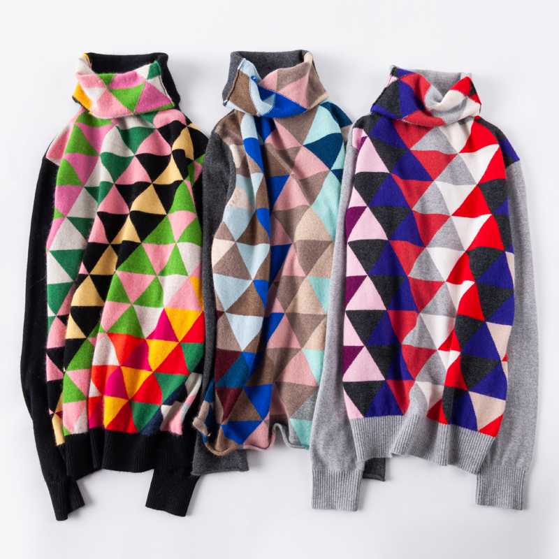 拼色羊绒针织套头打底毛衣堆堆领