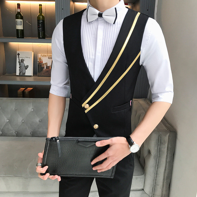 英伦风金色条纹西装马甲主持礼服韩版个性男士斜扣外套修身马夹潮