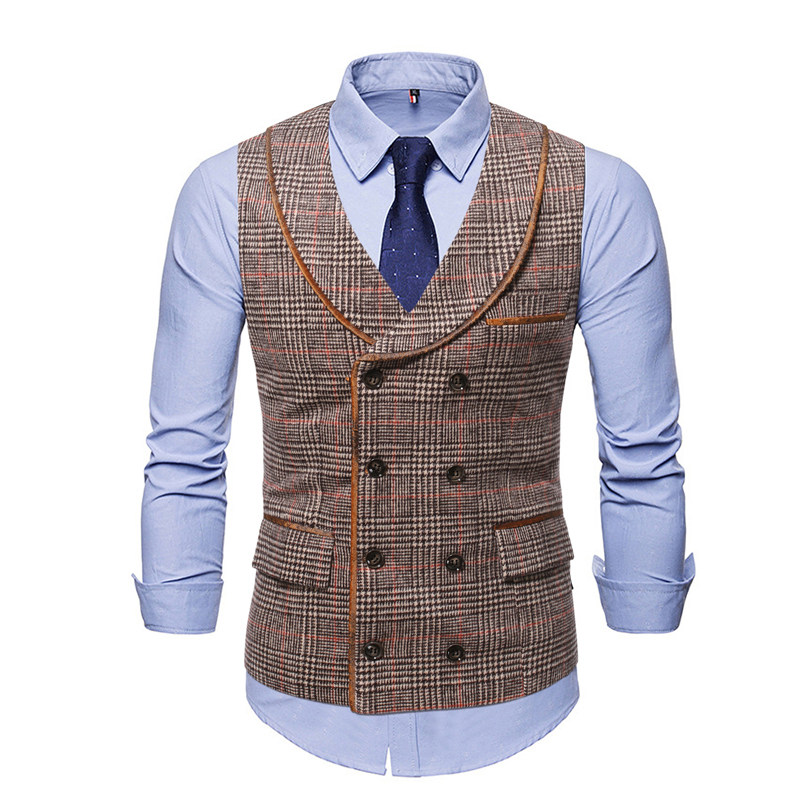 英伦绅士复古镶边麂皮绒青果领马甲男秋冬休闲双排扣格子拼接马夹