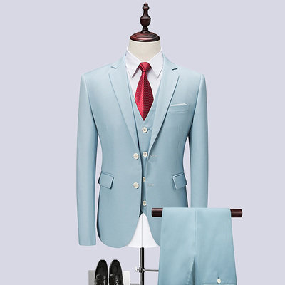 男士浅色西装发型师三件套韩版修身正装大码西服男套装影楼婚礼服
