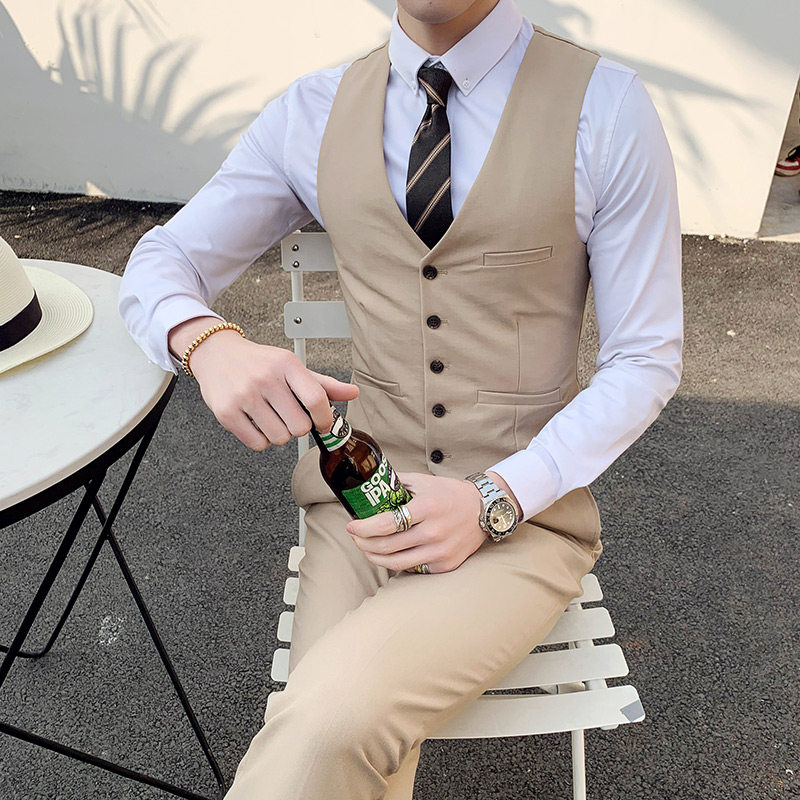 韩版新款免烫西装马甲发型师外套男士紧身天蓝米色马夹主持婚礼服