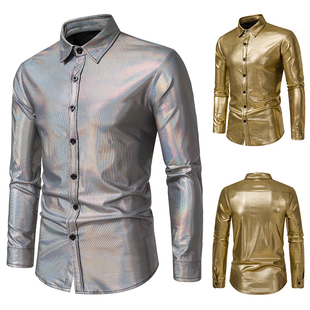 英伦宫廷礼服丝光衬衫男士仿皮长袖大码闪亮面衬衣舞台歌手演出服