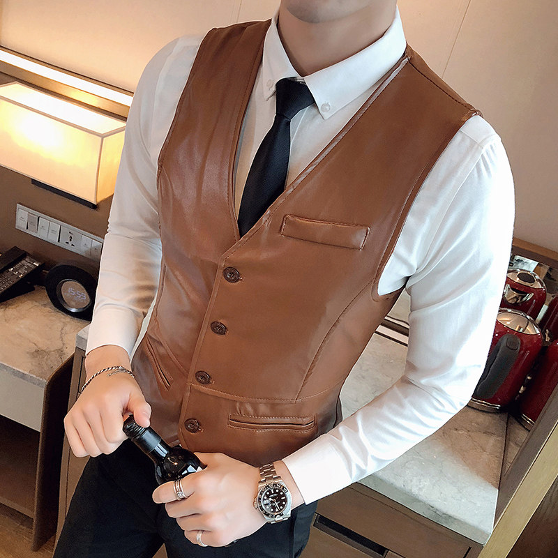 韩版新款男士紧身PU皮马甲男青年休闲皮坎肩马夹外套潮歌手演出服
