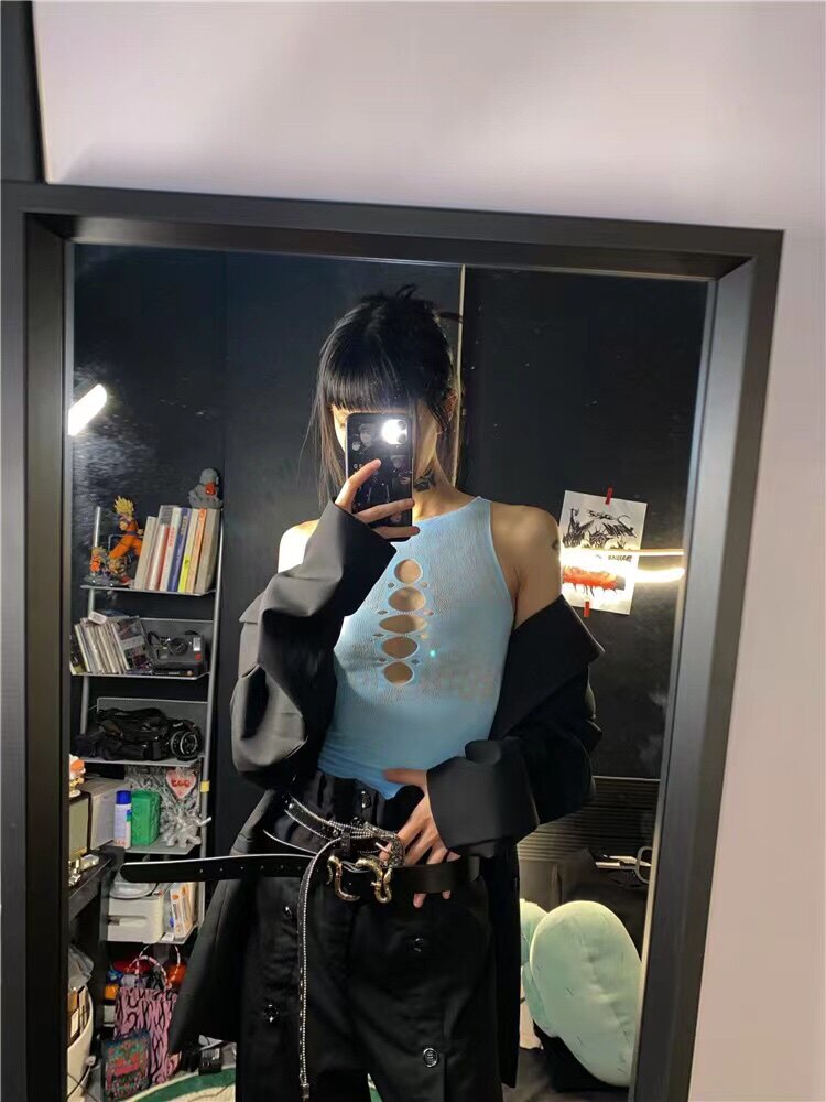 Y2K千禧辣妹蝴蝶纹路带袖套打底背心套装弹性镂空网眼紧身背心裙