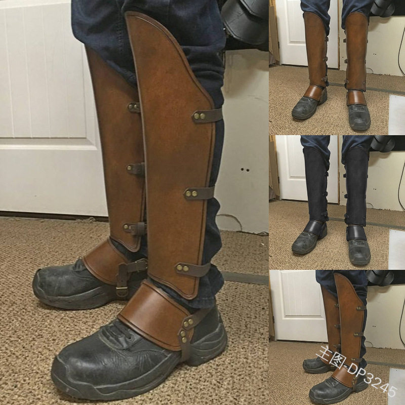 中世纪复古欧洲武士脚踝护具铆钉PU皮革护腿cosplay靴子套腿套