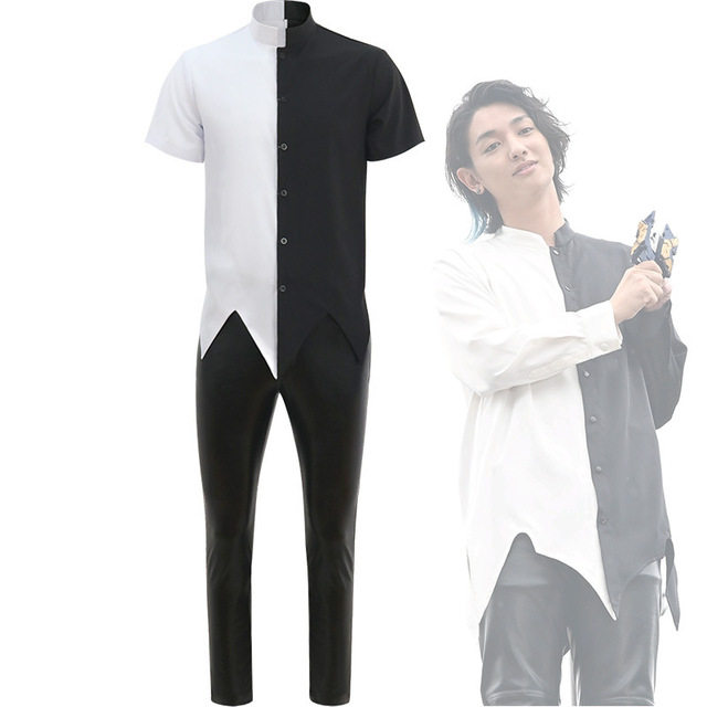 黑白拼接衬衫男撞色立领阴阳使者演出服不规则碎边COS雾崎人间体