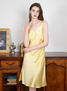 美标19姆米重磅真丝睡裙新款性感薄款桑蚕丝夏季睡衣家居服明黄色