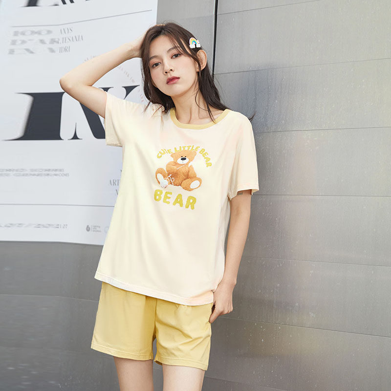 美标旗舰店女夏天新款睡衣短袖短裤纯棉套装可爱夏季家居服可外穿