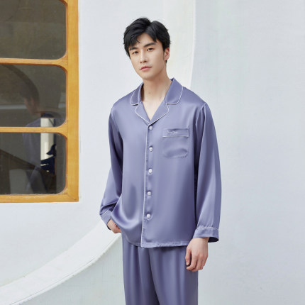 美标100%真丝睡衣男士19姆米重磅桑蚕丝丝绸宽松春秋长袖家居服