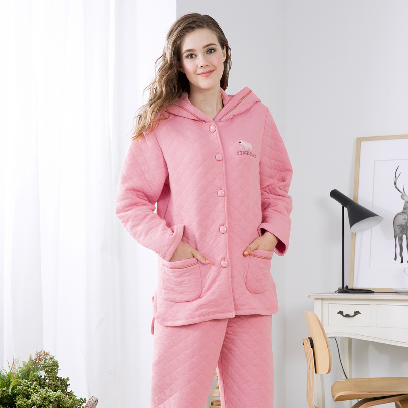 美标秋冬夹棉保暖女睡衣连帽夹层卡通长袖开衫女士家居服可外穿