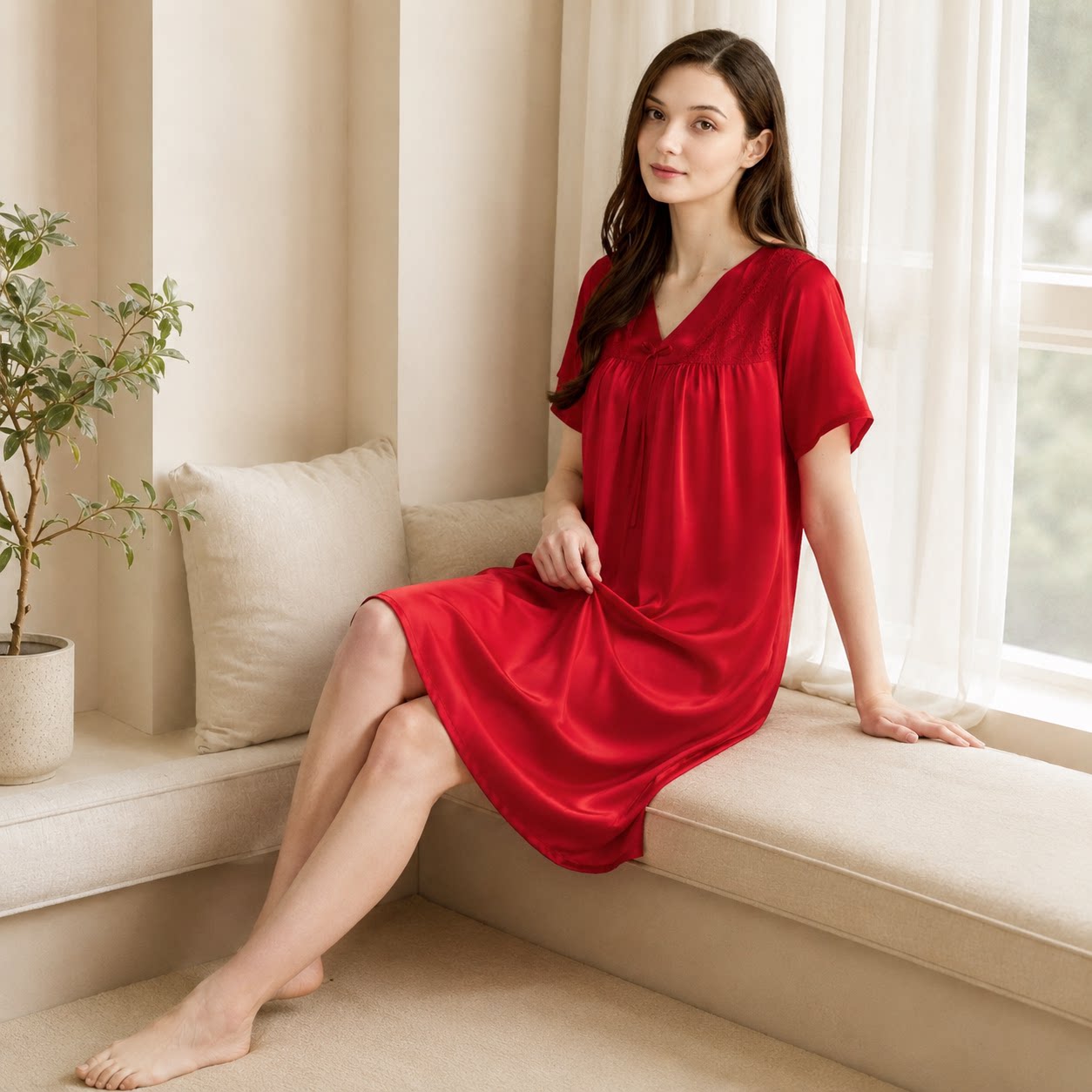 美标甜美风V领真丝睡裙女夏季短袖蕾丝宽松家居服红色桑蚕丝中裙