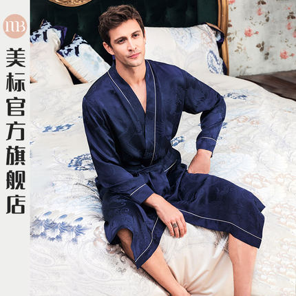 美标真丝睡袍男士100%桑蚕丝绸睡衣19姆米重磅宽松长袖家居服浴袍