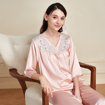 美标春夏季女士真丝睡衣七分袖套装100%桑蚕丝家居服套装丝绸
