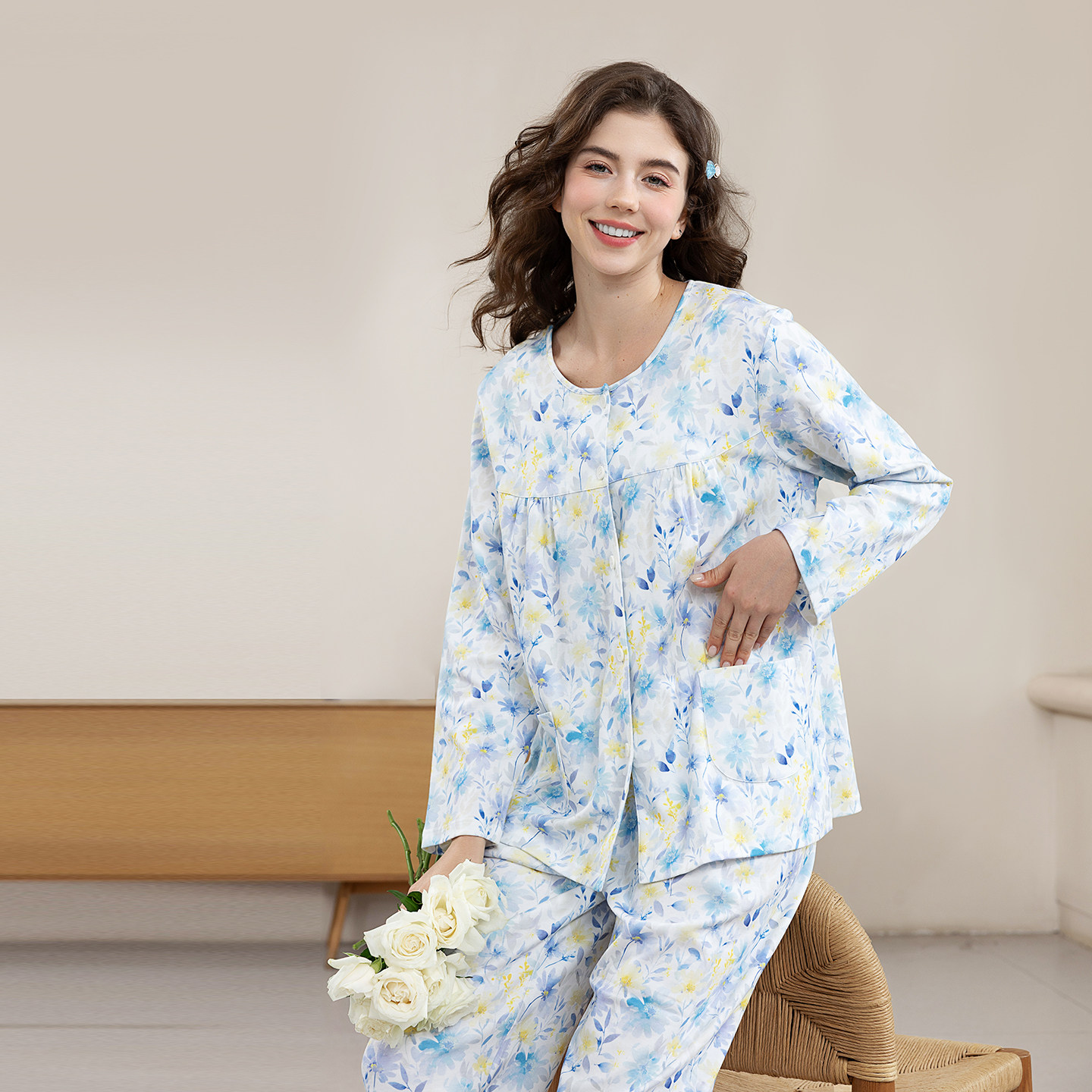 美标妈妈家居服印花宽松长袖款春秋女100%纯棉开衫田园风睡衣套装