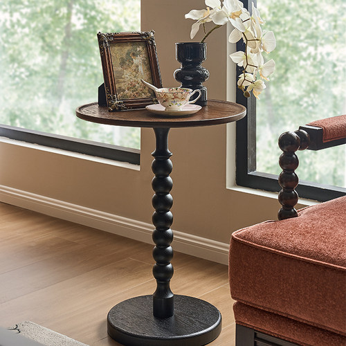 法式复古红橡木原木小圆桌