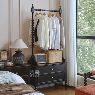 法式实木落地衣帽架床头柜一体黑色卧室开放式衣柜美式复古挂衣架