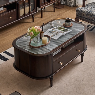 法式复古纯实木茶几黑胡桃色小户型客厅2026新款美式轻奢圆形茶桌