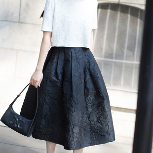 亦克阿瑟国花牡丹轻奢提花小黑裙 复古 高腰蓬蓬裙半身裙伞裙女装