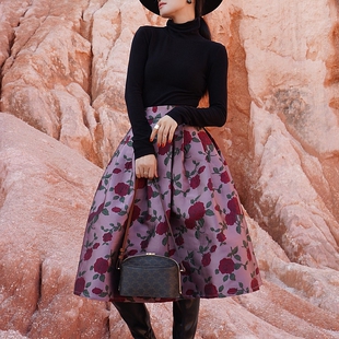 口袋伞裙 亦克阿瑟复古玫瑰花朵半身裙提花蓬蓬裙高腰中长裙大码
