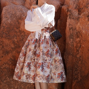 伞裙大码 小众高腰蓬蓬长中款 亦克阿瑟定制复古花朵油画半身裙法式