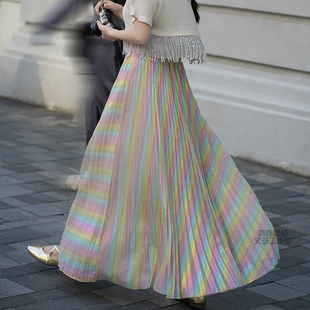 高级感长裙百搭高腰A字半身裙 亦克阿瑟浪漫彩虹白色百褶大摆裙