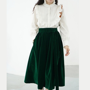 亦克阿瑟秋冬原创复古丝绒伞裙法式 百褶裙祖母绿 半身裙纯色中长款