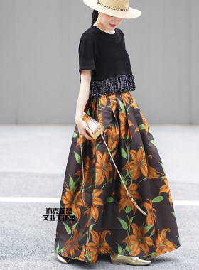 亦克阿瑟橙花绿叶半身裙轻奢提花高腰蓬蓬裙伞裙赫本女装复古长裙