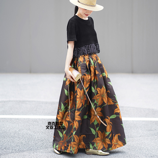 复古长裙 亦克阿瑟橙花绿叶半身裙轻奢提花高腰蓬蓬裙伞裙赫本女装