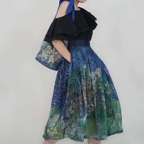 亦克阿瑟油画花卉伞裙 高腰a字蓬蓬裙艺术系列半身裙女装单品口袋