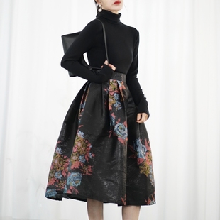 伞裙中长百褶口袋蓬蓬裙 亦克阿瑟蓝粉提花大花半身裙高腰秋冬女装