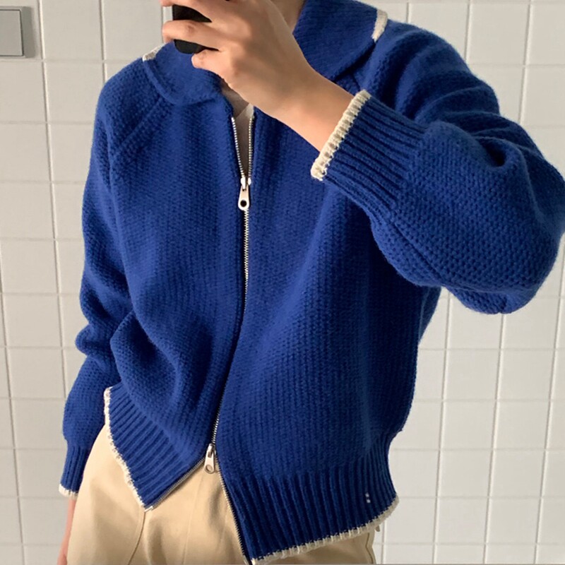翻领通勤美丽诺羊毛拉链毛衣开衫