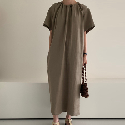 韩国简约亚麻显瘦短袖连衣裙渡假