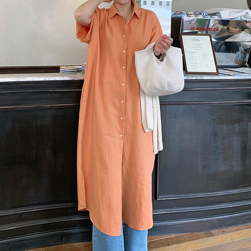 知性直筒宽松亚麻衬衫式中长显瘦