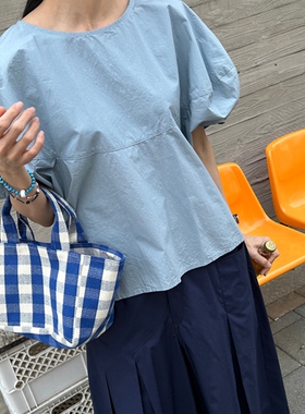 韩国女装落肩扎袖圆领套头宽松娃娃衬衫上衣纯棉夏季显瘦藏肉C112