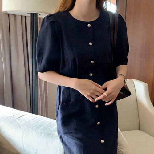 韩系香风亚麻短袖高腰显瘦连衣裙