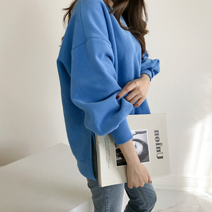 T156韩国女装 2025简约开叉加绒圆领套头秋冬女卫衣打底保暖 代新品