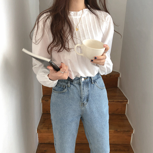 打底衫 C81韩国女装 麻棉女衬衫 2025甜美木耳边春秋套头长袖 新款