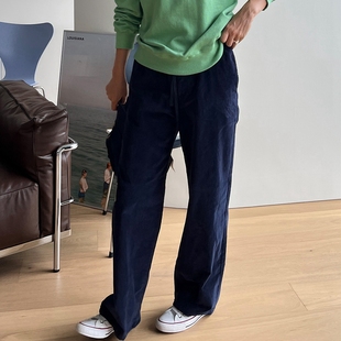 深蓝色显瘦保暖 女宽松直筒长裤 韩国女装 休闲慵懒绒面松紧腰阔腿裤
