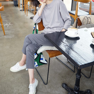 现货 秋冬女t恤打底衫 k1026韩国女装 洗水棉简约开叉前短后长七分袖