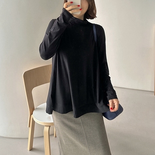 中长款 韩国女装 T恤宽松打底衫 高领长袖 纯色磨毛显瘦T341 简约裙式