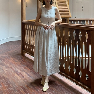 韩国女装新法式优雅无袖高腰亚麻后绑带中长款连衣裙显高夏季L125