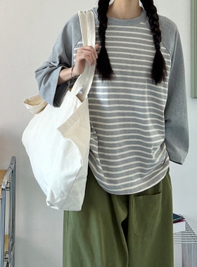 T320好品质韩国女厚棉插肩袖拼色条纹宽松八分袖秋冬t恤打底