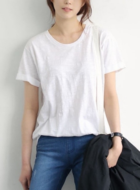 k1001韩国女装新款2025简约宽松竹节棉卷边短袖夏女t恤打底现货