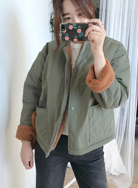 D24好品质韩国女装两面穿宽松羊羔绒无领冬季女外套短款保暖
