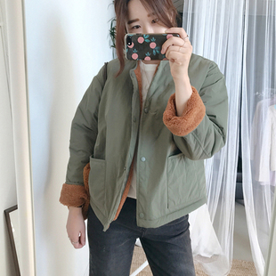 保暖 女外套短款 D24好品质韩国女装 两面穿宽松羊羔绒无领冬季