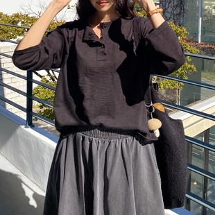T319好品质韩国女竹节纯棉简约圆领开扣长袖 秋冬T恤打底衫