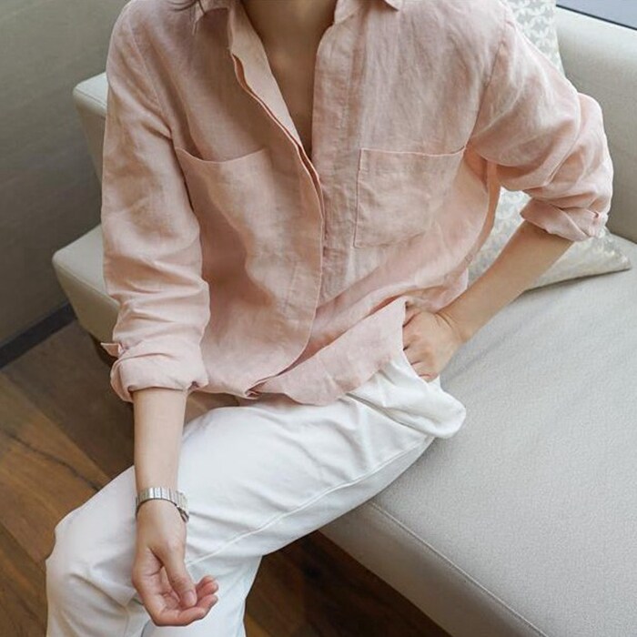 韩国女亚麻宽松长袖衬衫防晒凉爽