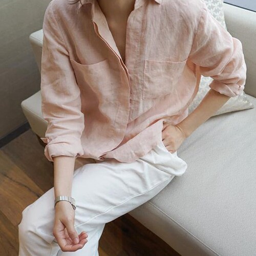 韩国女亚麻宽松长袖衬衫防晒凉爽